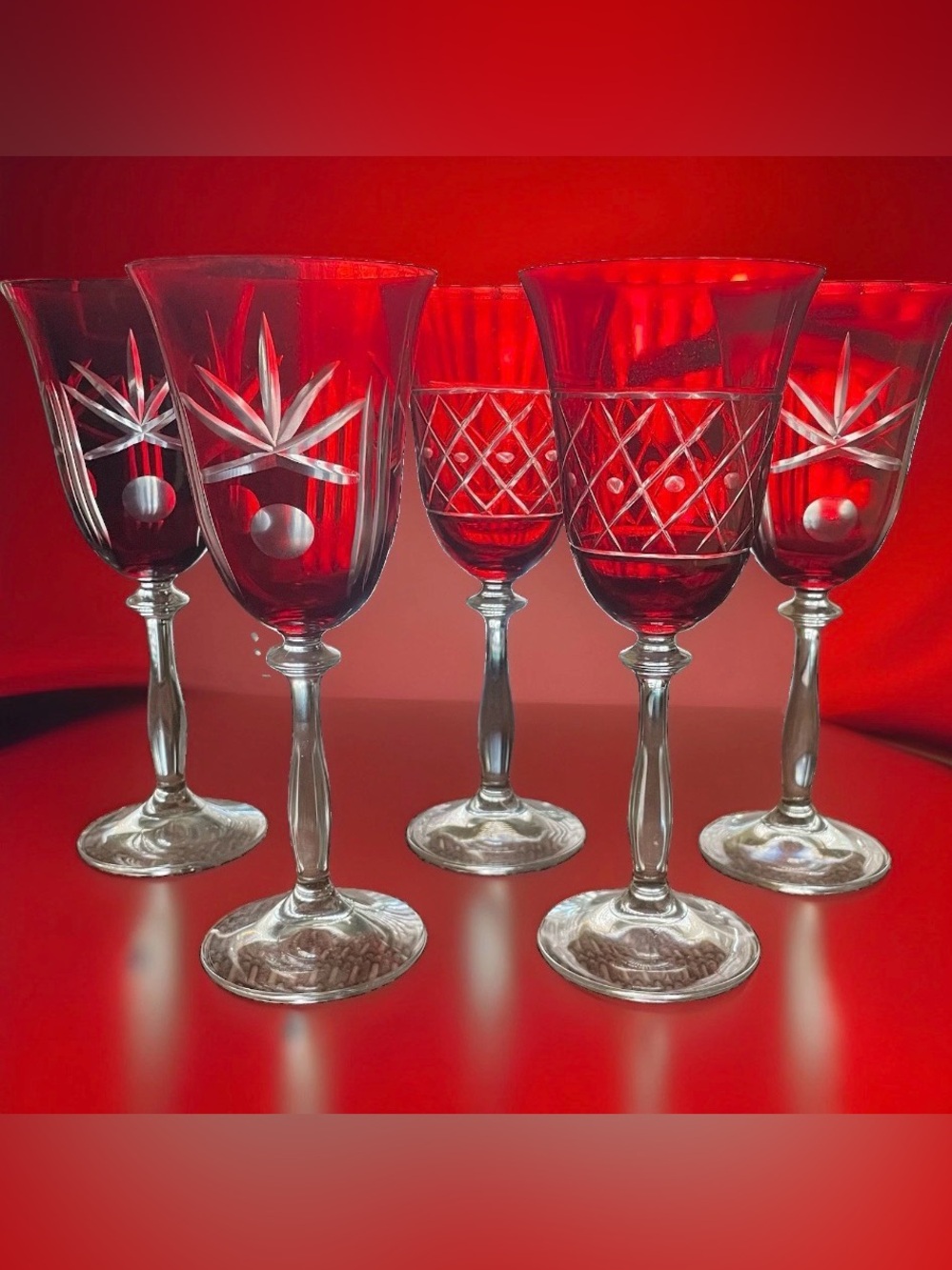 Vintage MCM Ruby Red Cut to Clear Glasses Italy 5pc